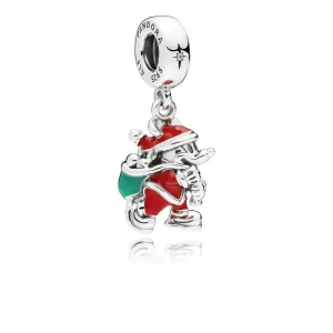 (bilde for) Pandora Disney Mickey Santa sølv dingler med rød, grønn emalje og klare cubic zirconia - 797501ENMX