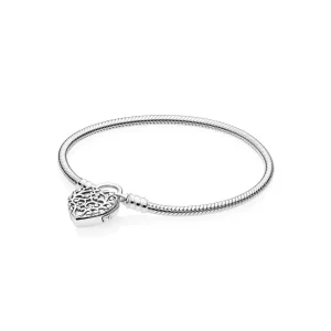 (bilde for) Pandora Snake chain silver bracelet and regal pattern heart padlock clasp - 597602