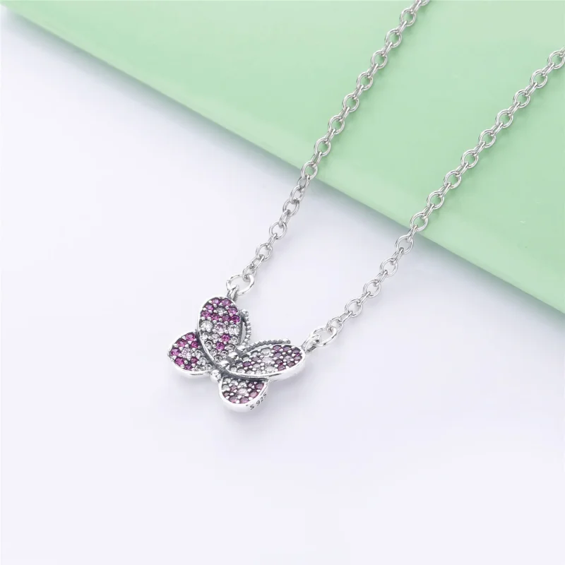 (bilde for) Pandora Butterfly silver collier with cerise crystal, pink mist crystal and clea - Vis 2