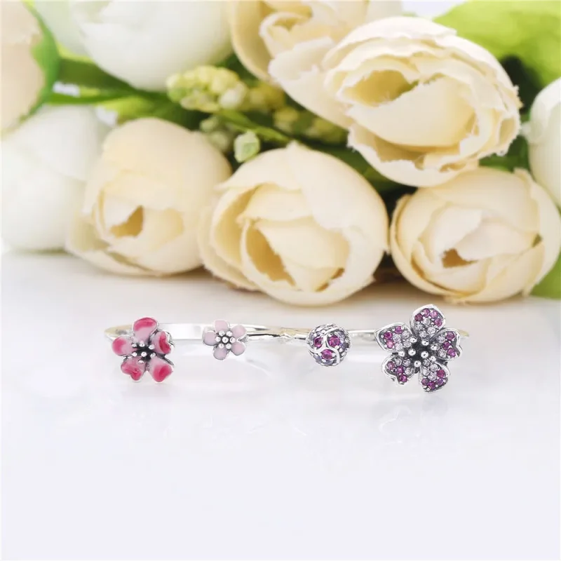 (bilde for) Pandora Double finger flower silver ring with cerise and fairy tale crystal, pin - Vis 2