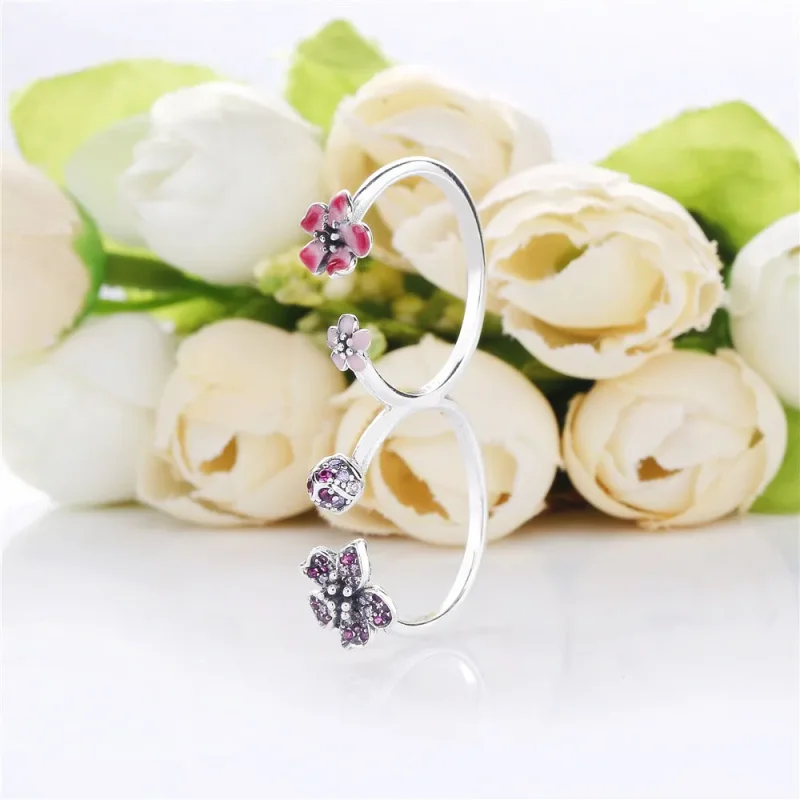(bilde for) Pandora Double finger flower silver ring with cerise and fairy tale crystal, pin - Vis 3