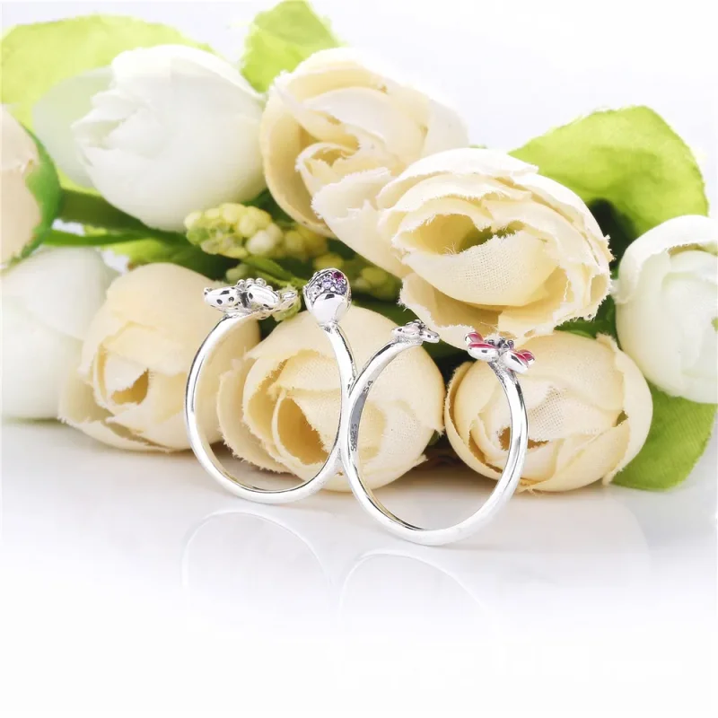(bilde for) Pandora Double finger flower silver ring with cerise and fairy tale crystal, pin - Vis 4