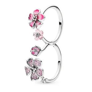 (bilde for) Pandora Double finger flower silver ring with cerise and fairy tale crystal, pink and clear CZ, pink synthetic sapphire and pink enamel - 198091NCCMX