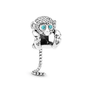 (bilde for) Pandora Monkey silver charm with clear and teal cubic zirconia - 798054CZ