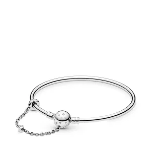 (bilde for) Pandora Silver bangle with clear cubic zirconia and chain with clip detail - 597846CZ