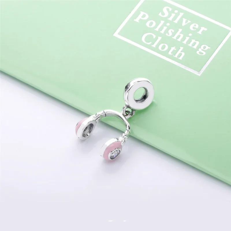 (bilde for) Pandora Sølv hodetelefoner dingler med klar cubic zirconia og rosa emalje - 7979 - Vis 2