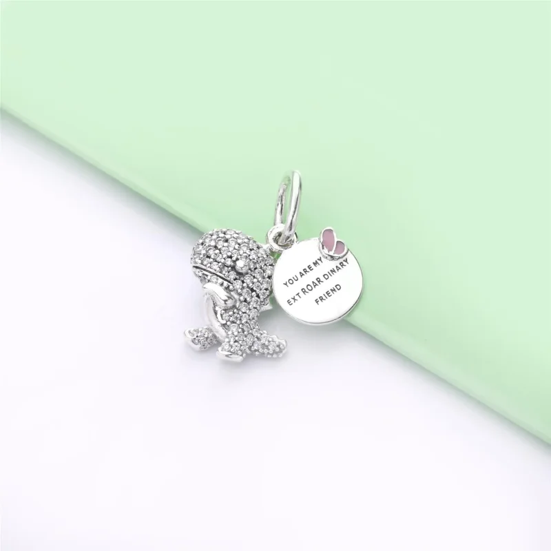 (bilde for) Pandora Dinosaur sølv dingler med klar cubic zirconia og rosa emalje - 798186CZ - Vis 2