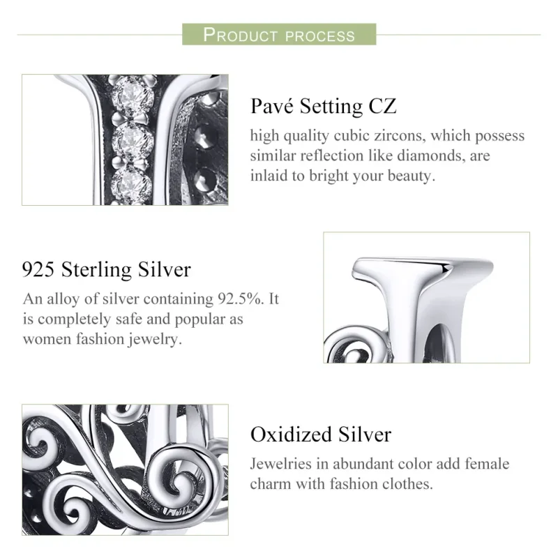 (bilde for)  Pandora Style Glitrende Pavé Flower Letter U Charm - BSC030-U - Vis 6