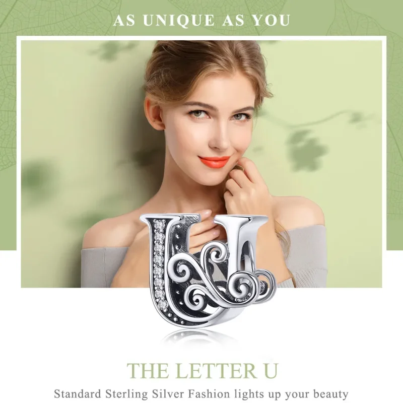 (bilde for)  Pandora Style Glitrende Pavé Flower Letter U Charm - BSC030-U - Vis 7