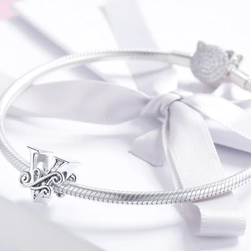(bilde for)  Pandora Style Glitrende Pavé Flower Letter V Charm - BSC030-V - Vis 3