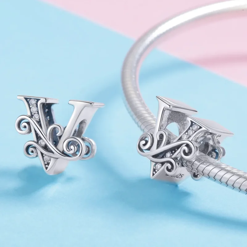 (bilde for)  Pandora Style Glitrende Pavé Flower Letter V Charm - BSC030-V - Vis 4