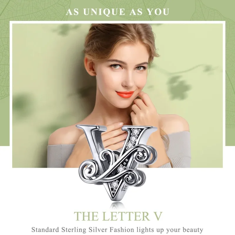 (bilde for)  Pandora Style Glitrende Pavé Flower Letter V Charm - BSC030-V - Vis 7