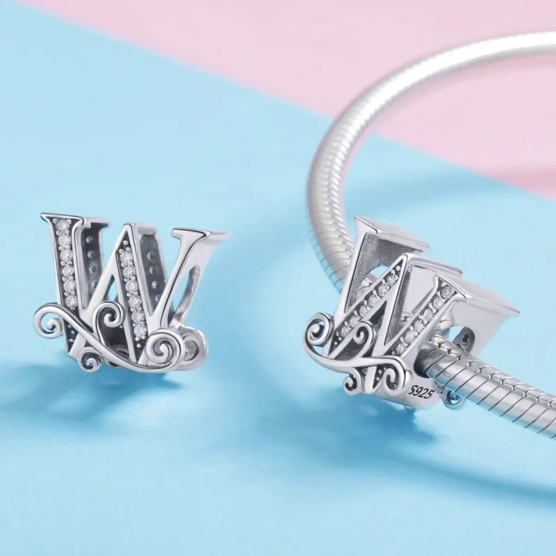 (bilde for)  Pandora Style Glitrende Pavé Flower Letter W Charm - BSC030-W - Vis 4