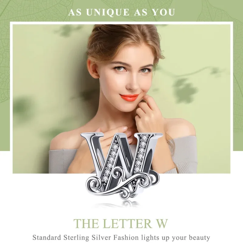 (bilde for)  Pandora Style Glitrende Pavé Flower Letter W Charm - BSC030-W - Vis 7