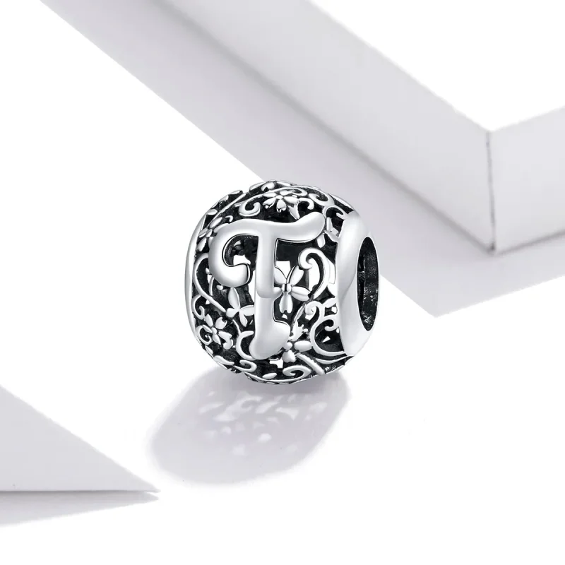 (bilde for)  Pandora Style Openwork Flower Letter T Charm - SCC1444-T - Vis 2