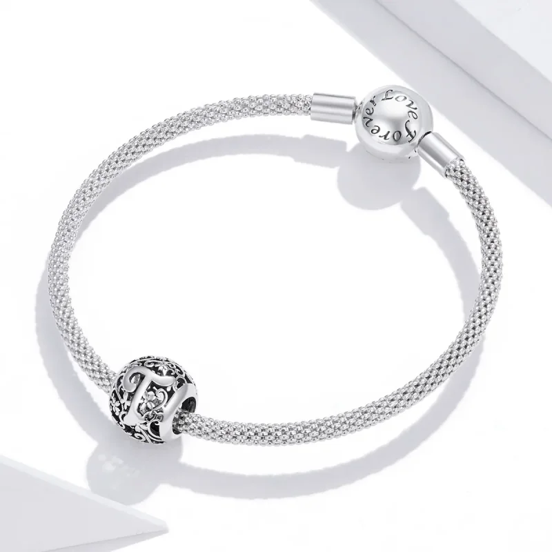 (bilde for)  Pandora Style Openwork Flower Letter T Charm - SCC1444-T - Vis 3