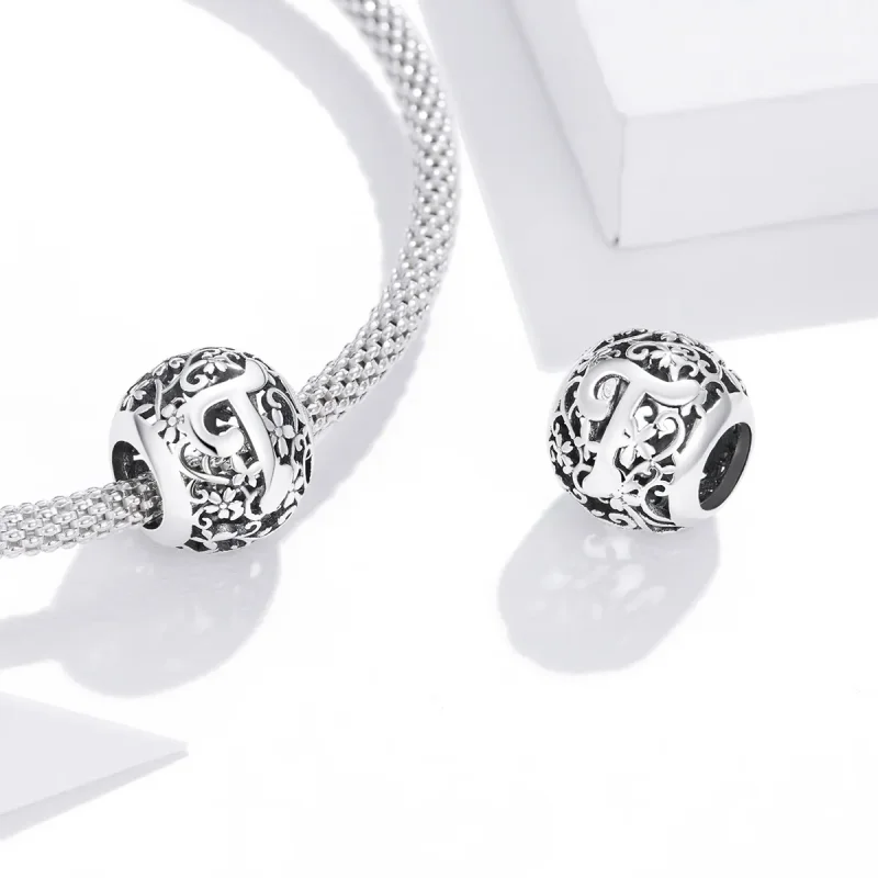 (bilde for)  Pandora Style Openwork Flower Letter T Charm - SCC1444-T - Vis 4