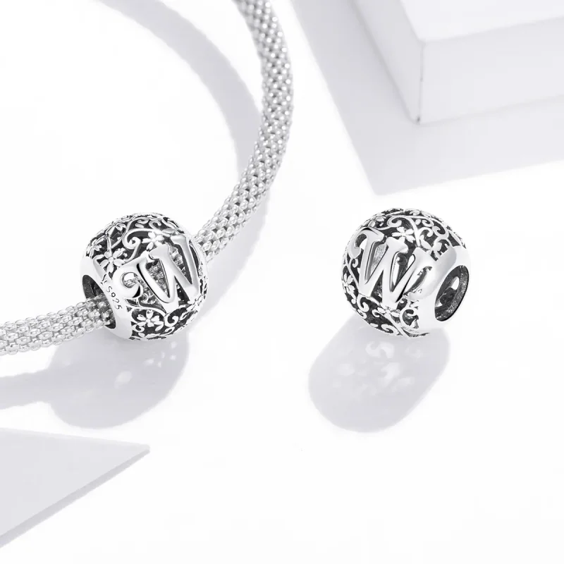 (bilde for)  Pandora Style Openwork Flower Letter W Charm - SCC1444-W - Vis 4