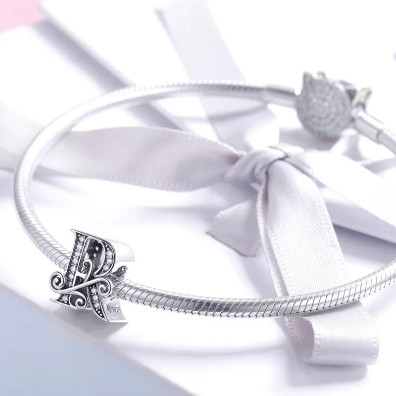 (bilde for)  Pandora Style Sparkling Pavé Flower Letter R Charm - BSC030-R - Vis 3