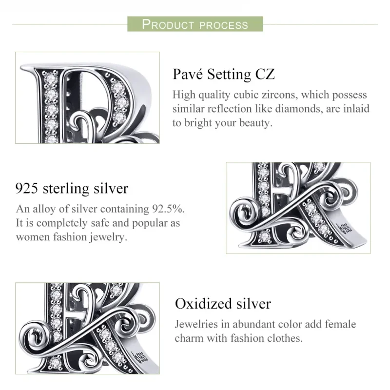 (bilde for)  Pandora Style Sparkling Pavé Flower Letter R Charm - BSC030-R - Vis 6