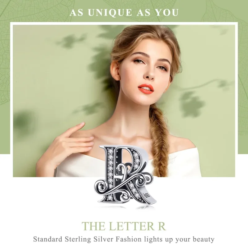 (bilde for)  Pandora Style Sparkling Pavé Flower Letter R Charm - BSC030-R - Vis 7