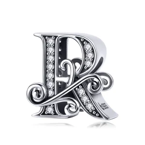 (bilde for)  Pandora Style Sparkling Pavé Flower Letter R Charm - BSC030-R