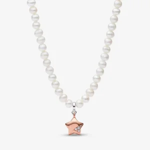 (bilde for) Pandora Star sterling silver and 14k rose gold-plated collier with clear cubic zirconia and treated freshwater cultured pearl - 382489C01-45