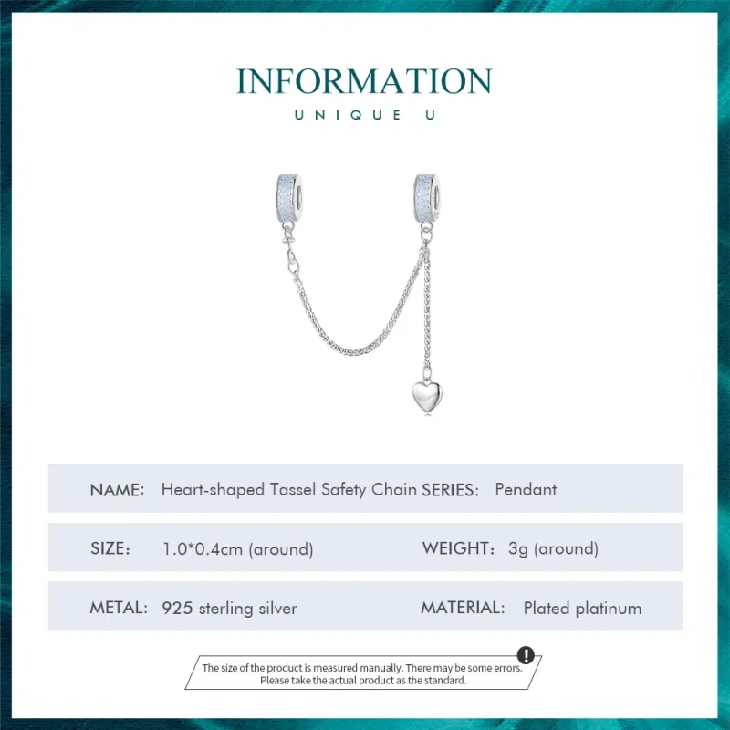 (bilde for) Pandora Style Silver Heart Safety Chain - BSC795 - Vis 4