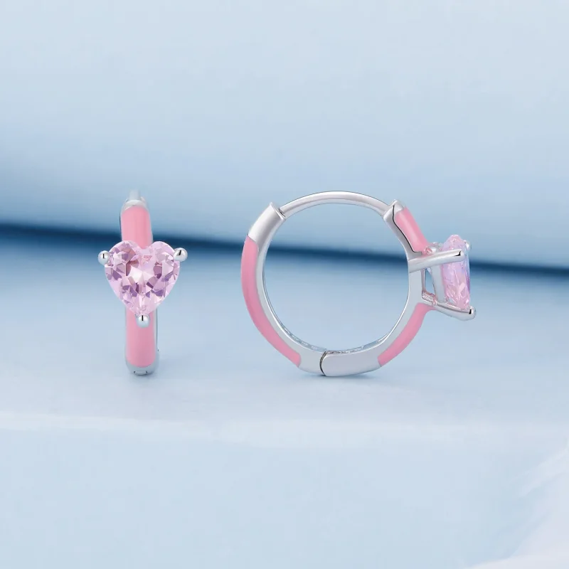 (bilde for) Pandora-stil rosa hjerteformede bøyleøreringer - BSE813 - Vis 2