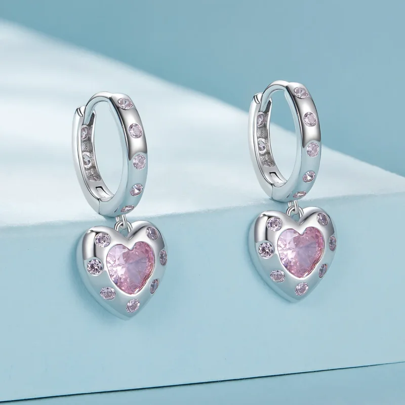 (bilde for) Pandora-stil rosa hjerteformede bøyleøreringer - SCE1625 - Vis 2