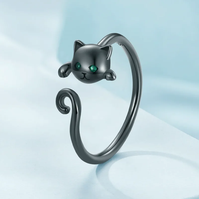(bilde for) Pandora Style Black Cute Cat Open Ring - SCR707-D - Vis 2