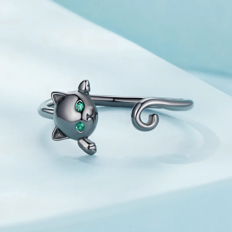 (bilde for) Pandora Style Black Cute Cat Open Ring - SCR707-D - Vis 3