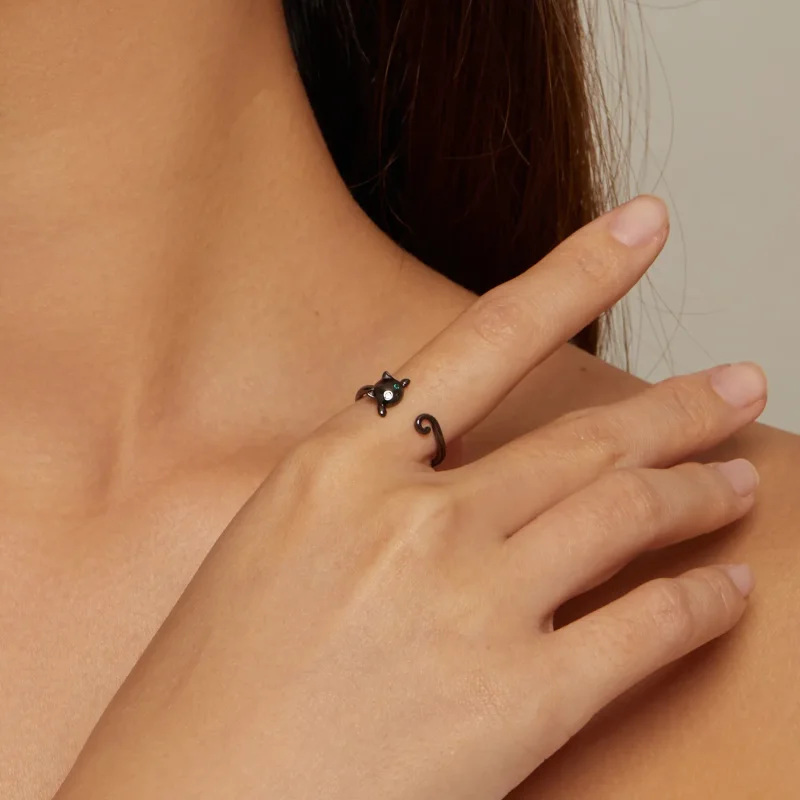 (bilde for) Pandora Style Black Cute Cat Open Ring - SCR707-D - Vis 4