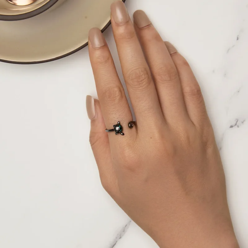 (bilde for) Pandora Style Black Cute Cat Open Ring - SCR707-D - Vis 5