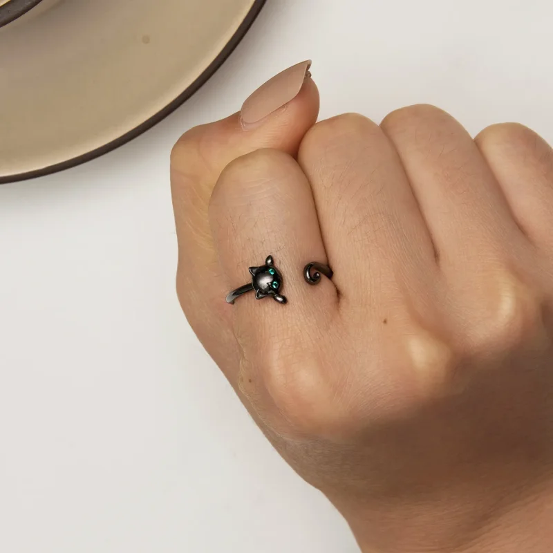 (bilde for) Pandora Style Black Cute Cat Open Ring - SCR707-D - Vis 6
