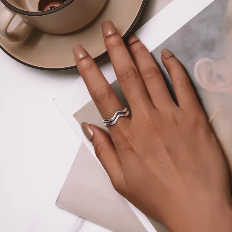 (bilde for) Pandora Style Double Layer Wave Ring - SCR968-E - Vis 4
