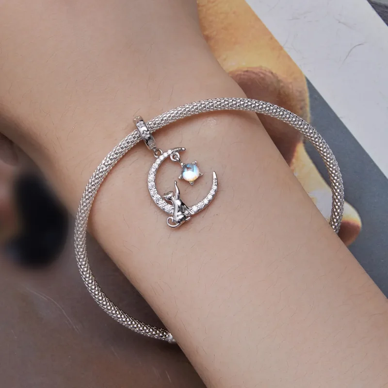 (bilde for) Pandora Style Moon Cat Dangle - BSC810 - Vis 8