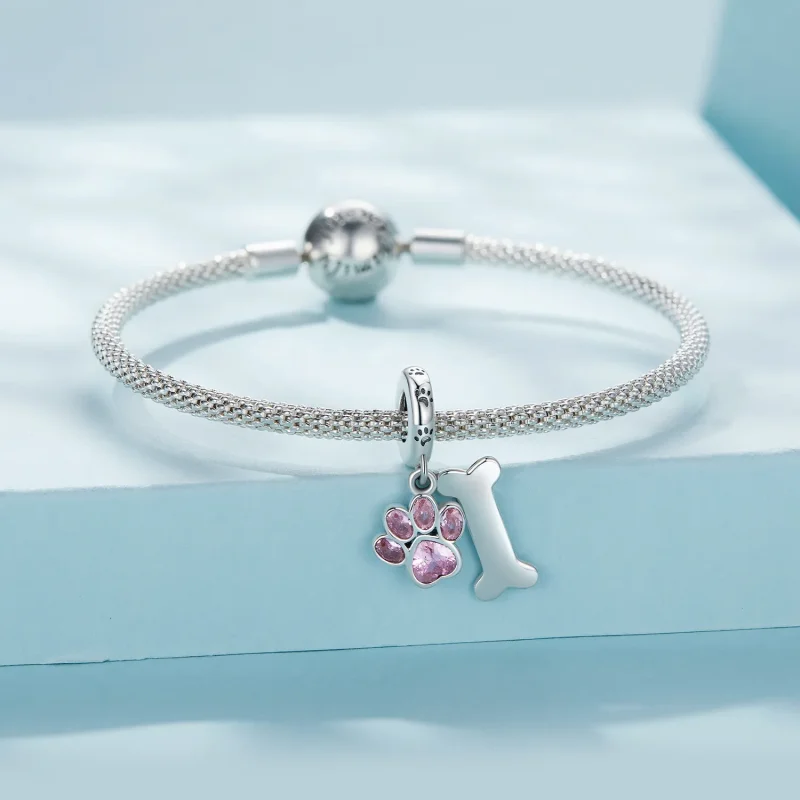 (bilde for) Pandora Style Pink Dog Paw Bone Dingle - SCC2127-PK - Vis 3