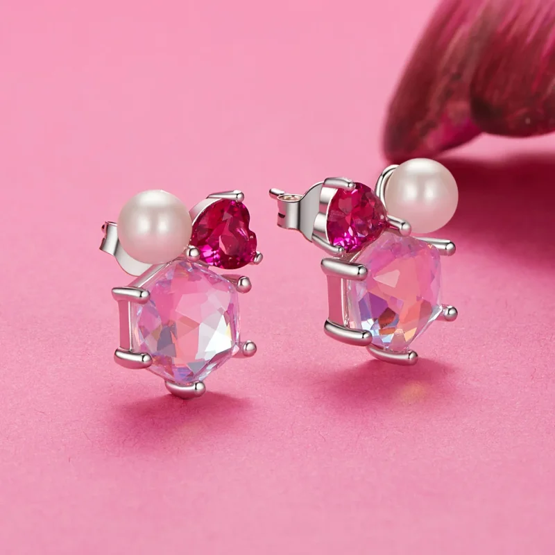 (bilde for) PANDORA-stil rosa glitrende perleøredobber - SCE1697 - Vis 2