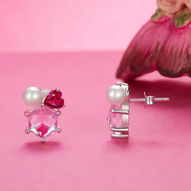 (bilde for) PANDORA-stil rosa glitrende perleøredobber - SCE1697 - Vis 3