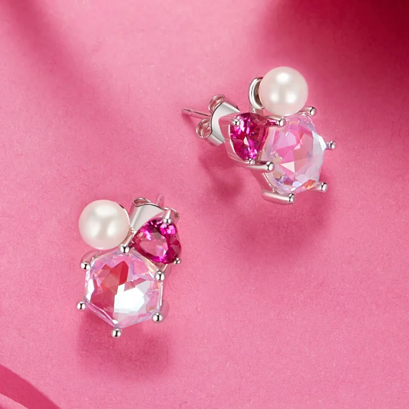 (bilde for) PANDORA-stil rosa glitrende perleøredobber - SCE1697 - Vis 4