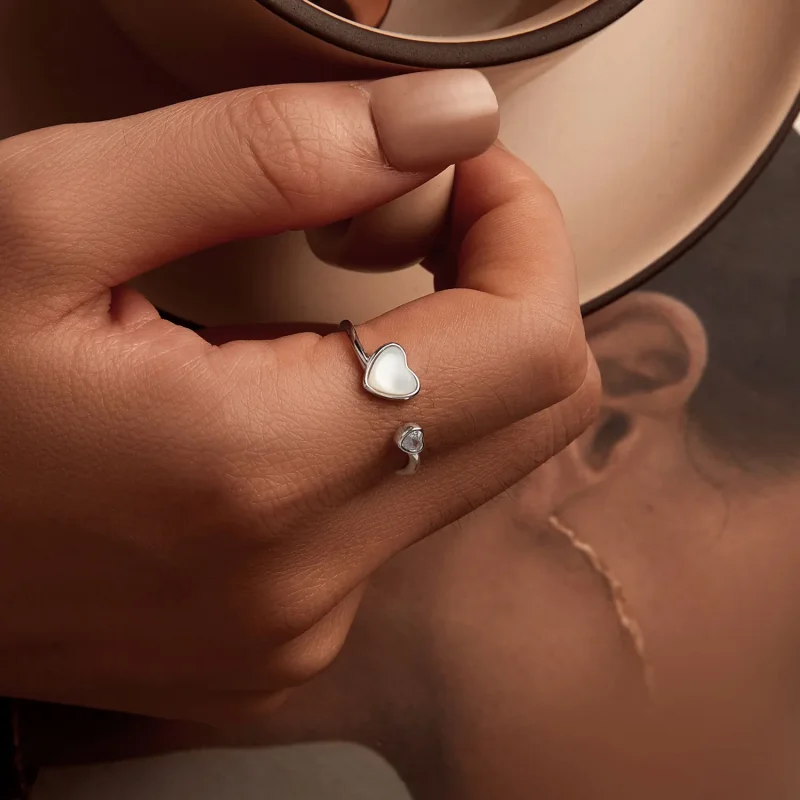(bilde for) PANDORA-stil hjertebankende hvitt skall åpen ring - BSR520-E - Vis 7