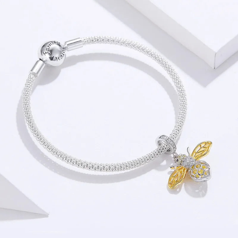 (bilde for) Pandora-stil sølv- og gullbelagt hardtarbeidende og nydelig bee mesh-armbånd - S - Vis 3