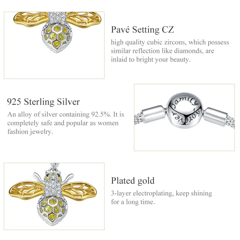 (bilde for) Pandora-stil sølv- og gullbelagt hardtarbeidende og nydelig bee mesh-armbånd - S - Vis 6