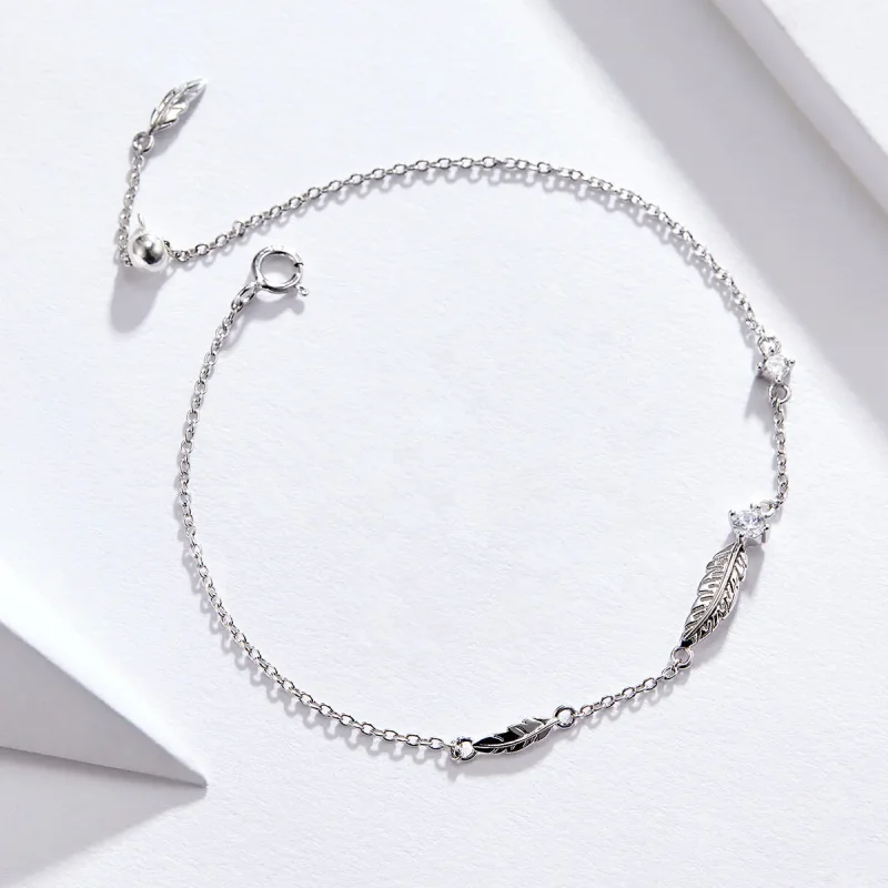 (bilde for) Pandora Style Silver Feather Chain Slider Armbånd - SCB133 - Vis 3