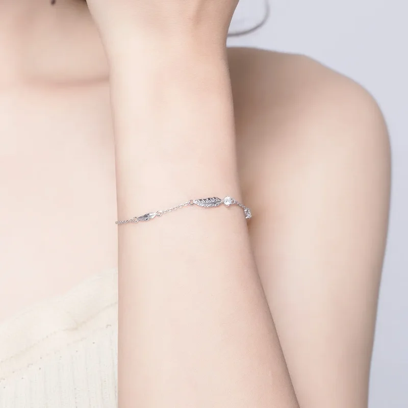 (bilde for) Pandora Style Silver Feather Chain Slider Armbånd - SCB133 - Vis 5