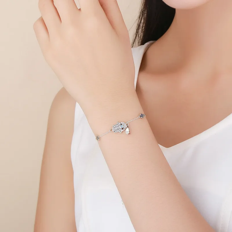 (bilde for) Pandora Style Silver Hand of Fatima Chain Slider Armbånd - SCB079 - Vis 2