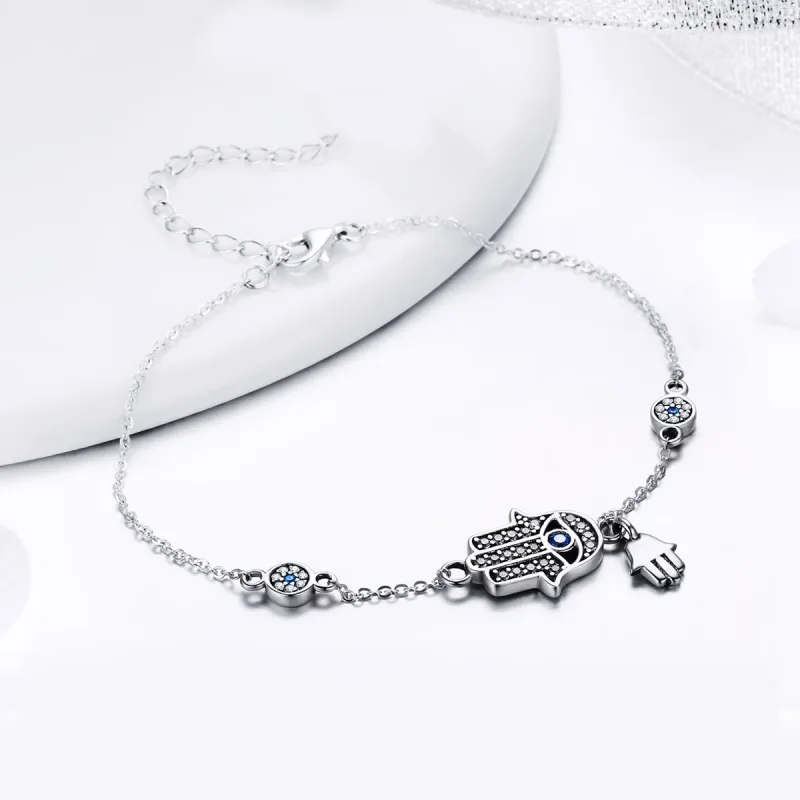 (bilde for) Pandora Style Silver Hand of Fatima Chain Slider Armbånd - SCB079 - Vis 3