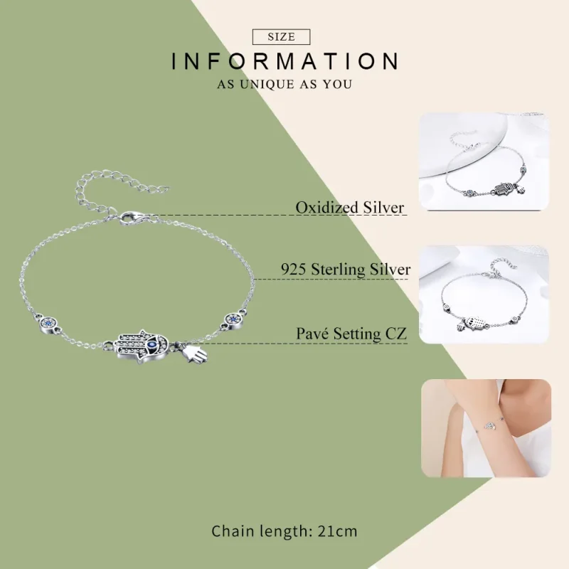 (bilde for) Pandora Style Silver Hand of Fatima Chain Slider Armbånd - SCB079 - Vis 5