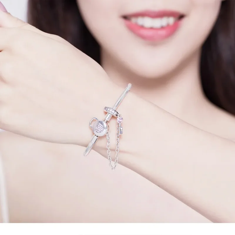 (bilde for) Pandora Style Silver Heartskey Slider Armbånd - SCB143 - Vis 2